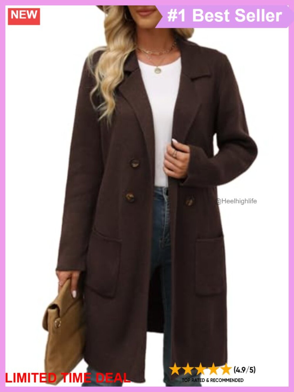 Women's Long Open Front Knit Cardigan Sweater Blazer Coatigan Notch Lapel